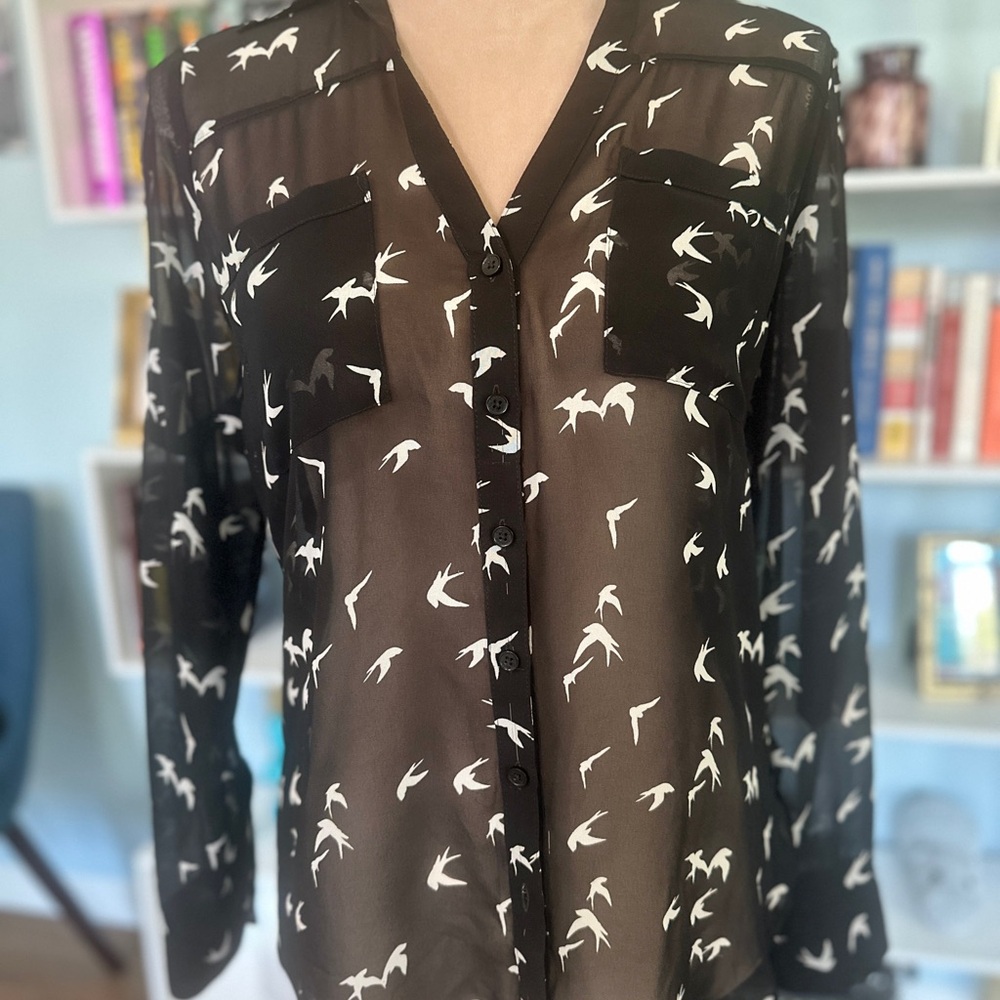 Express Black Notched Collar Buttoned Blouse